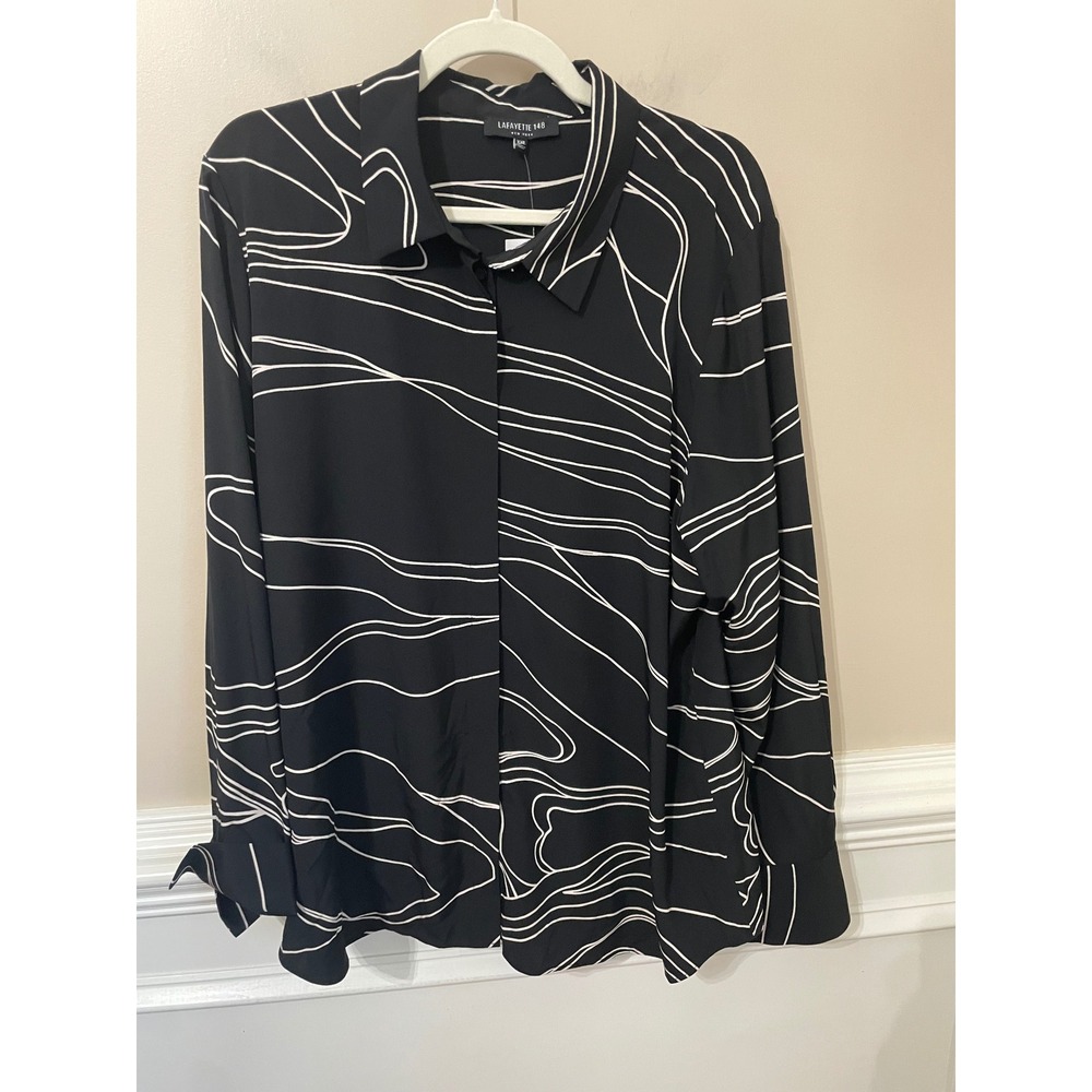 Lafayette 148 NY Scottie Black Tidal Print 100% Silk Blouse Size XXL NWT